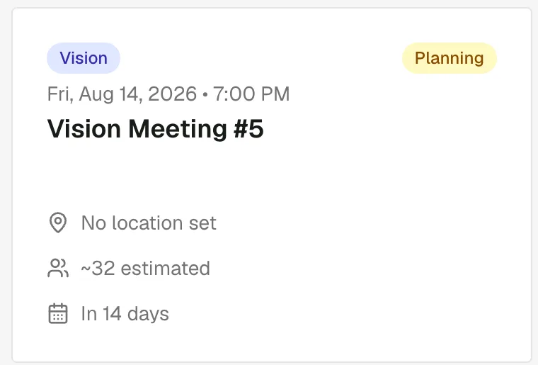Two upcoming meetings: Orientation #2 at the Riveras' home, and Vision Meeting #5 in 14 days with ~32 estimated.