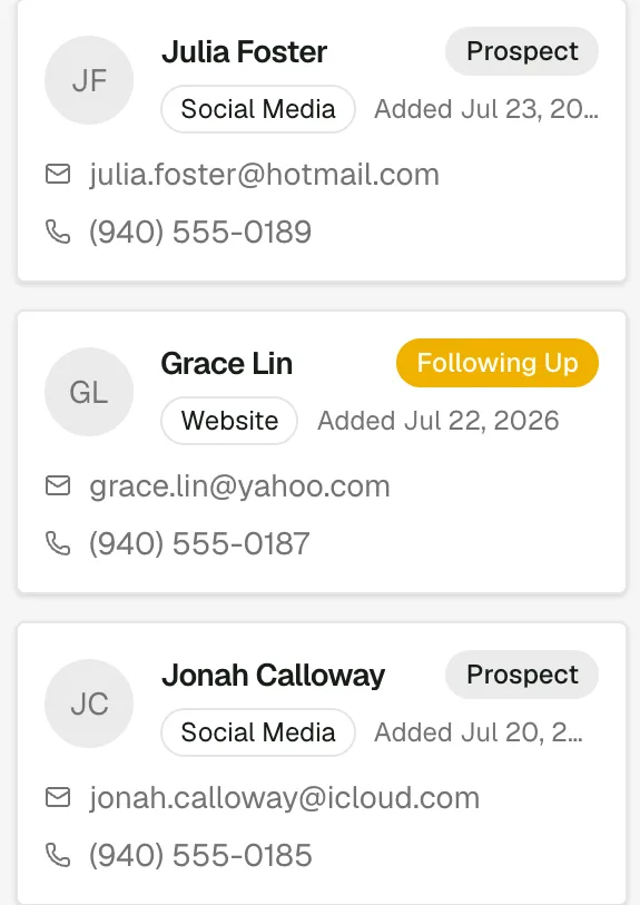 People cards from the Redemption Hill pipeline — Grace Lin following up from the website, contact info and source on every card.