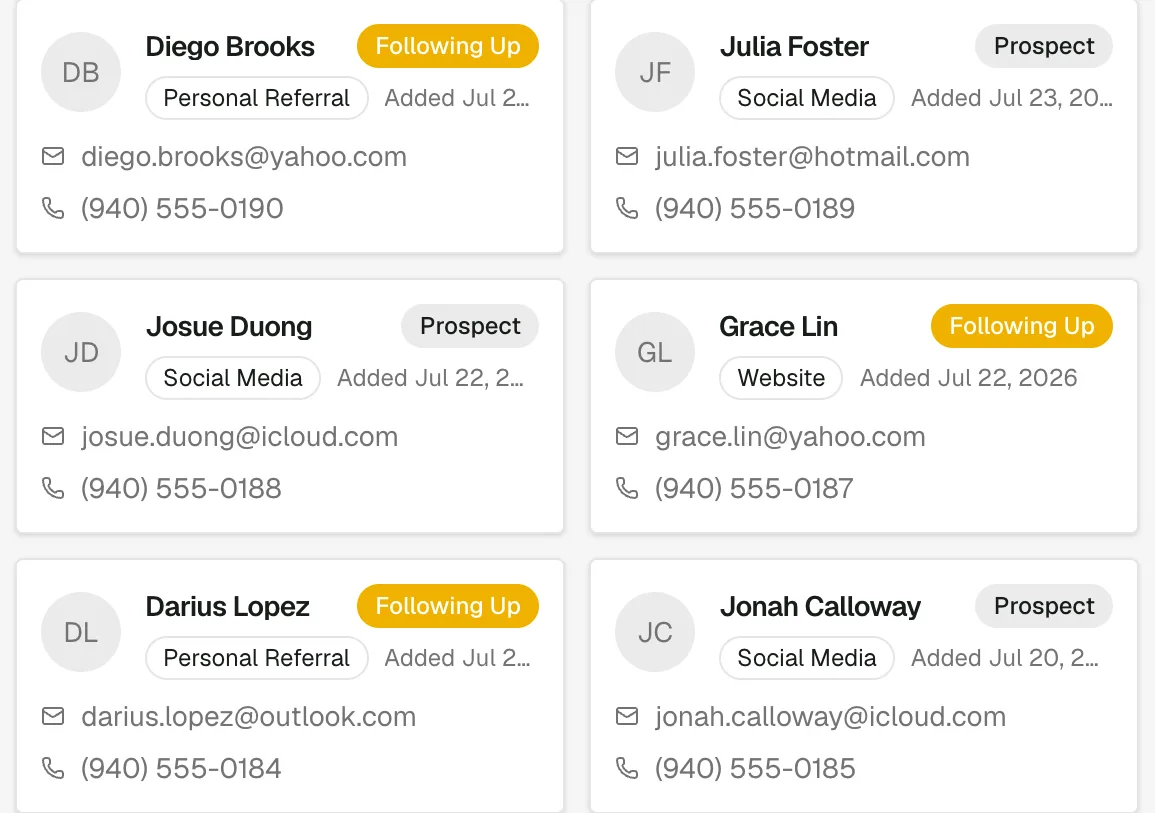 People cards from the Redemption Hill pipeline — Grace Lin following up from the website, contact info and source on every card.