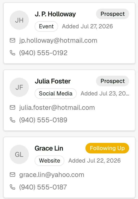 People cards moving through the pipeline — J. P. Holloway a new prospect from an event, Grace Lin in follow-up from the website.