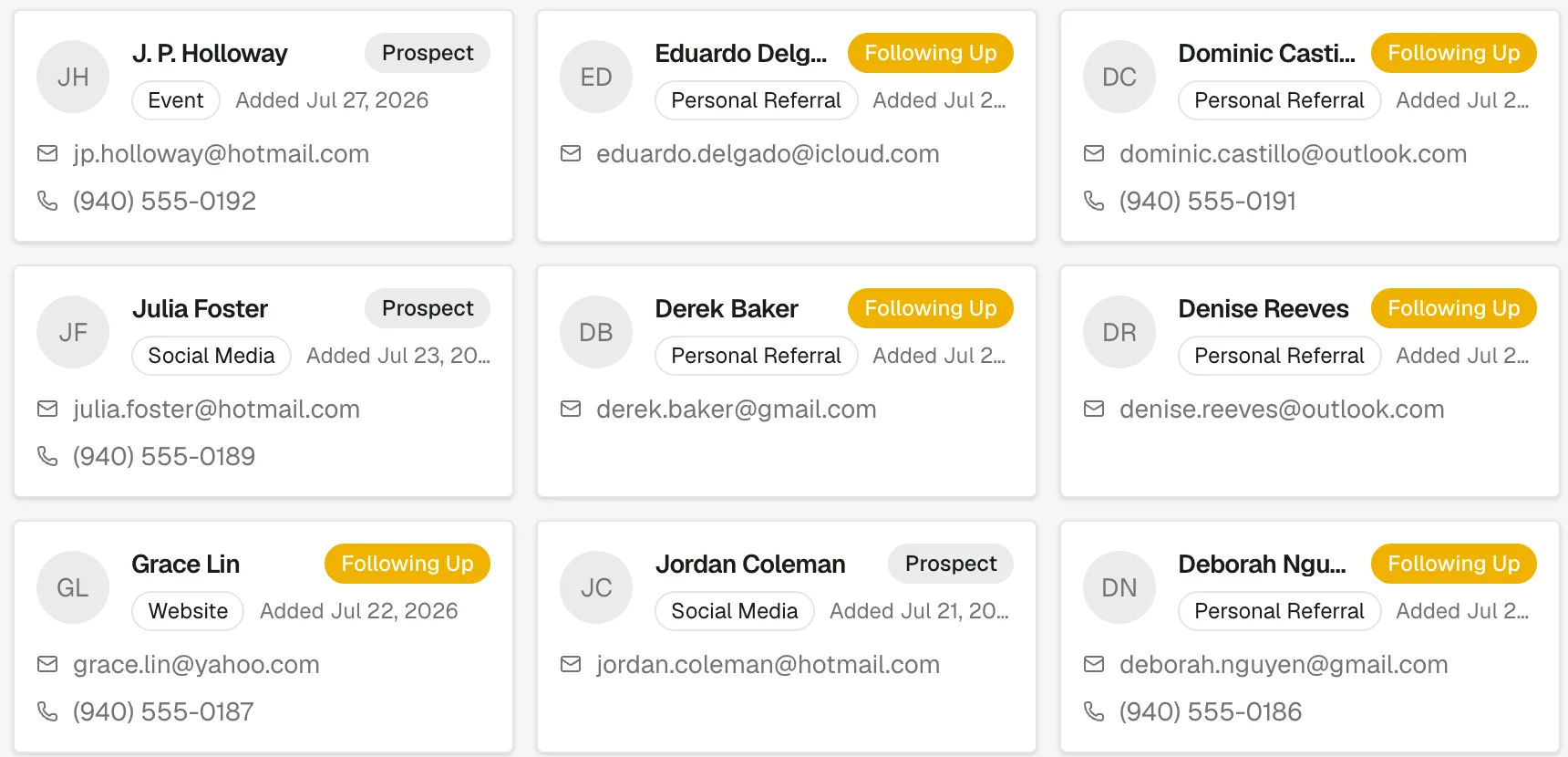 People cards moving through the pipeline — J. P. Holloway a new prospect from an event, Grace Lin in follow-up from the website.