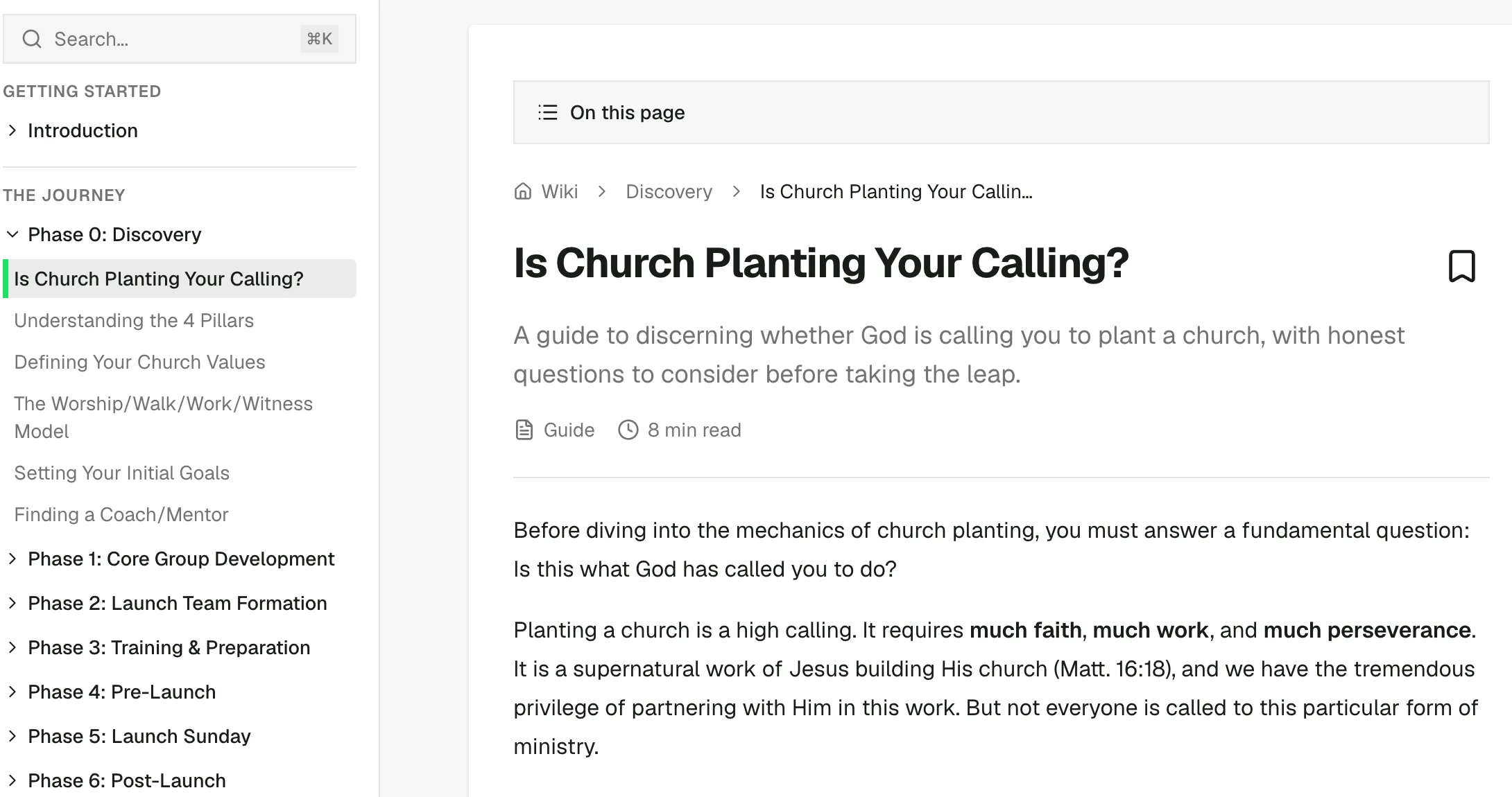 The wiki chapter 'Is Church Planting Your Calling?' with the Phase 0 reading list and reading progress in the sidebar.