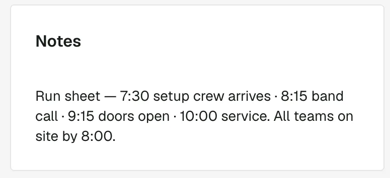 Launch Sunday's cards: ~120 estimated, and the run sheet — 7:30 setup crew, 8:15 band call, 9:15 doors, 10:00 service.