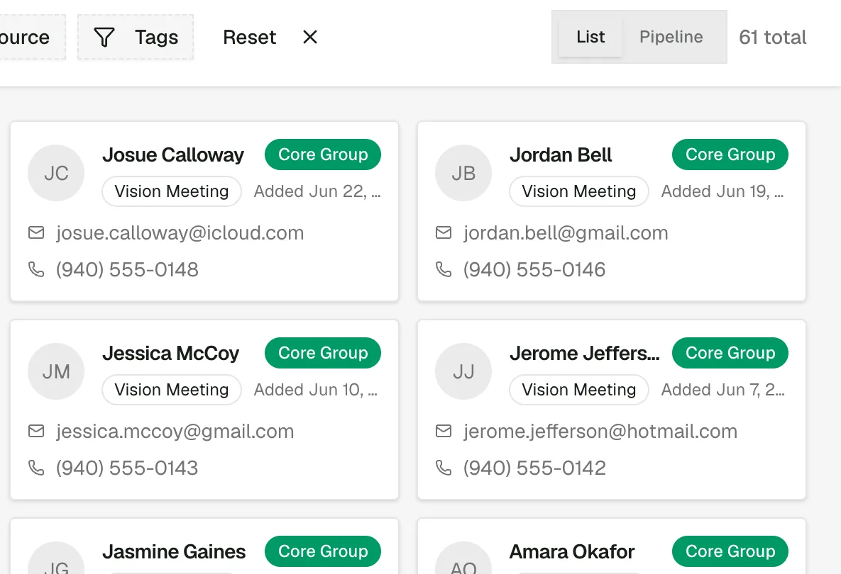 The People screen filtered to the committed — 61 total, Core Group badges on every card.
