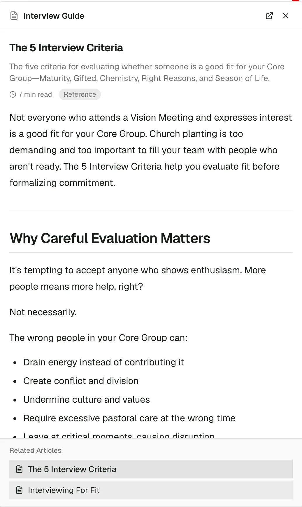 Hannah Carr's profile with the Interview Guide open beside it — her interview came back Qualified on all five criteria, and The 5 Interview Criteria is open right where the interview happens.